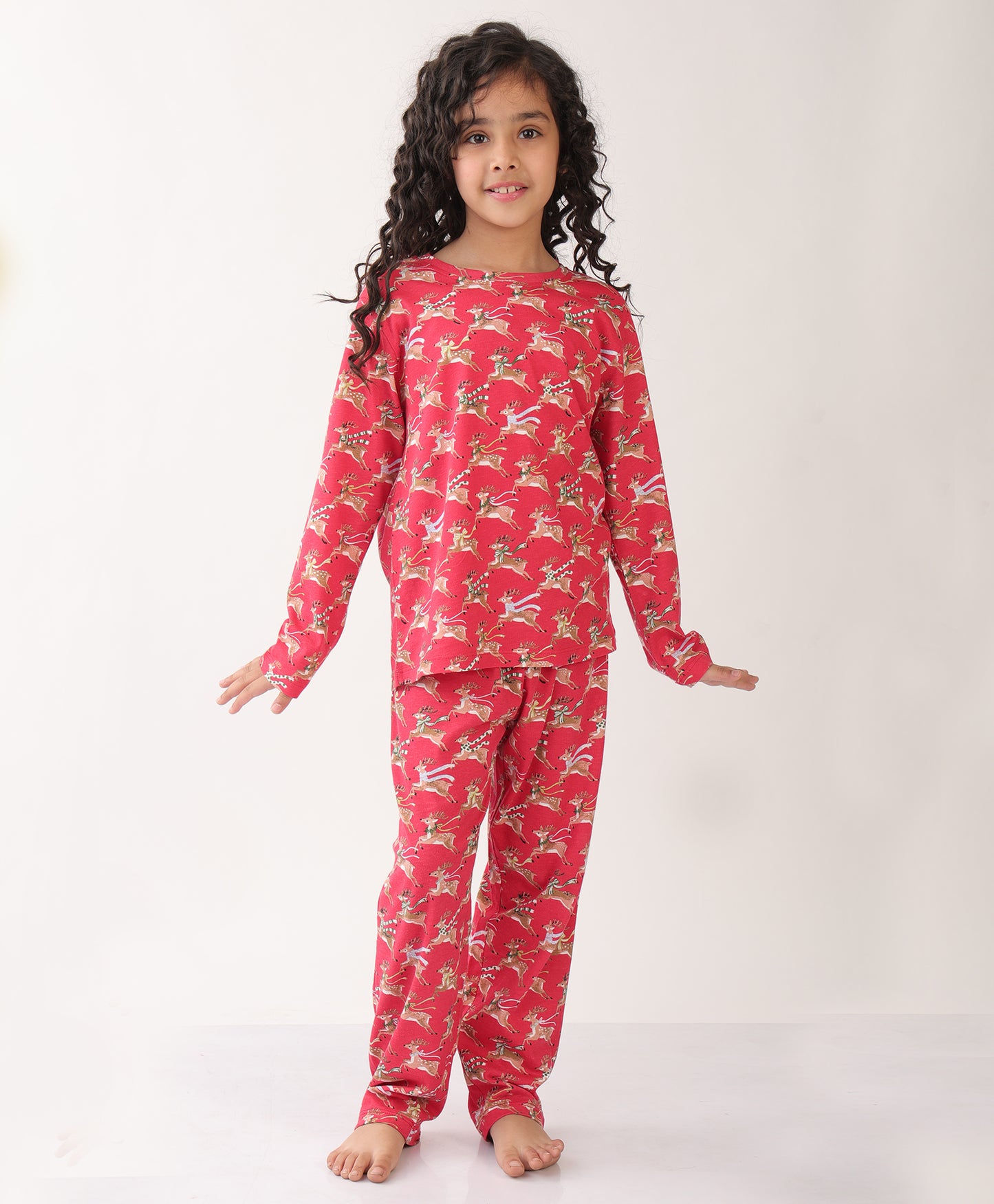 SUMMER REINDEER GIRLS LONG SLEEVES PYJAMA SET - RED