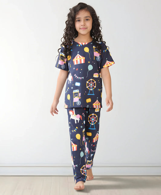 CARNIVAL CIRCUS GIRLS SHORT SLEEVE PYJAMA SET - NAVY