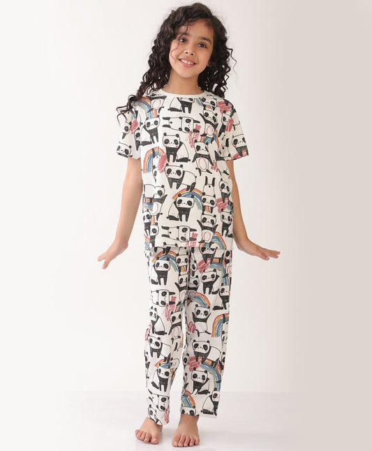 SUMMER PANDA GIRLS SHORT SLEEVE PYJAMA SET - WHITE
