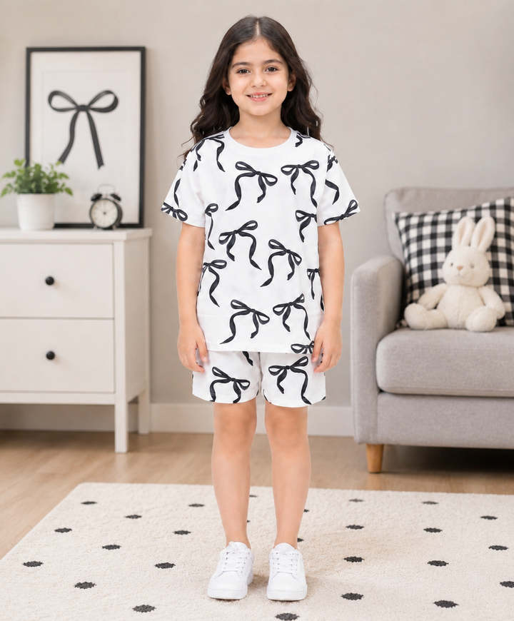 PRETTY BLACK BOW SHORTS SET - WHITE