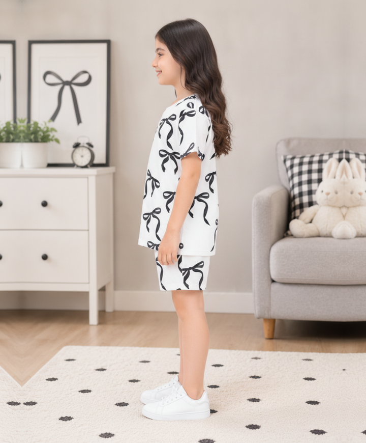 PRETTY BLACK BOW SHORTS SET - WHITE