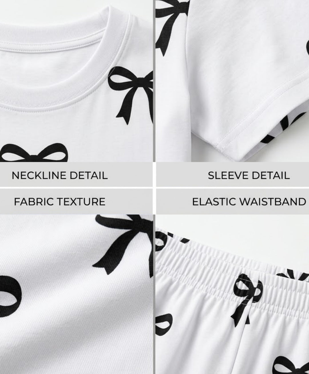 PRETTY BLACK BOW SHORTS SET - WHITE