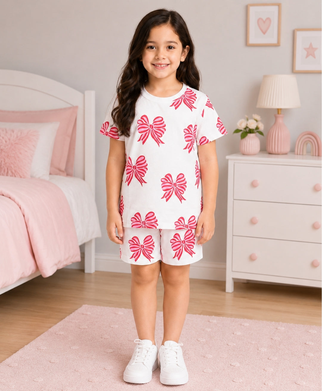 PINK RED BOW SHORTS SET - WHITE