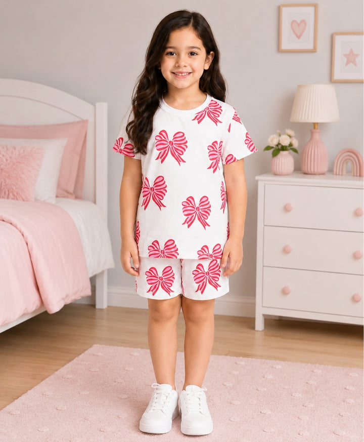 PINK RED BOW SHORTS SET - WHITE