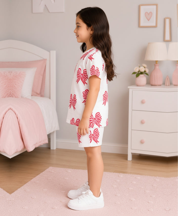 PINK RED BOW SHORTS SET - WHITE