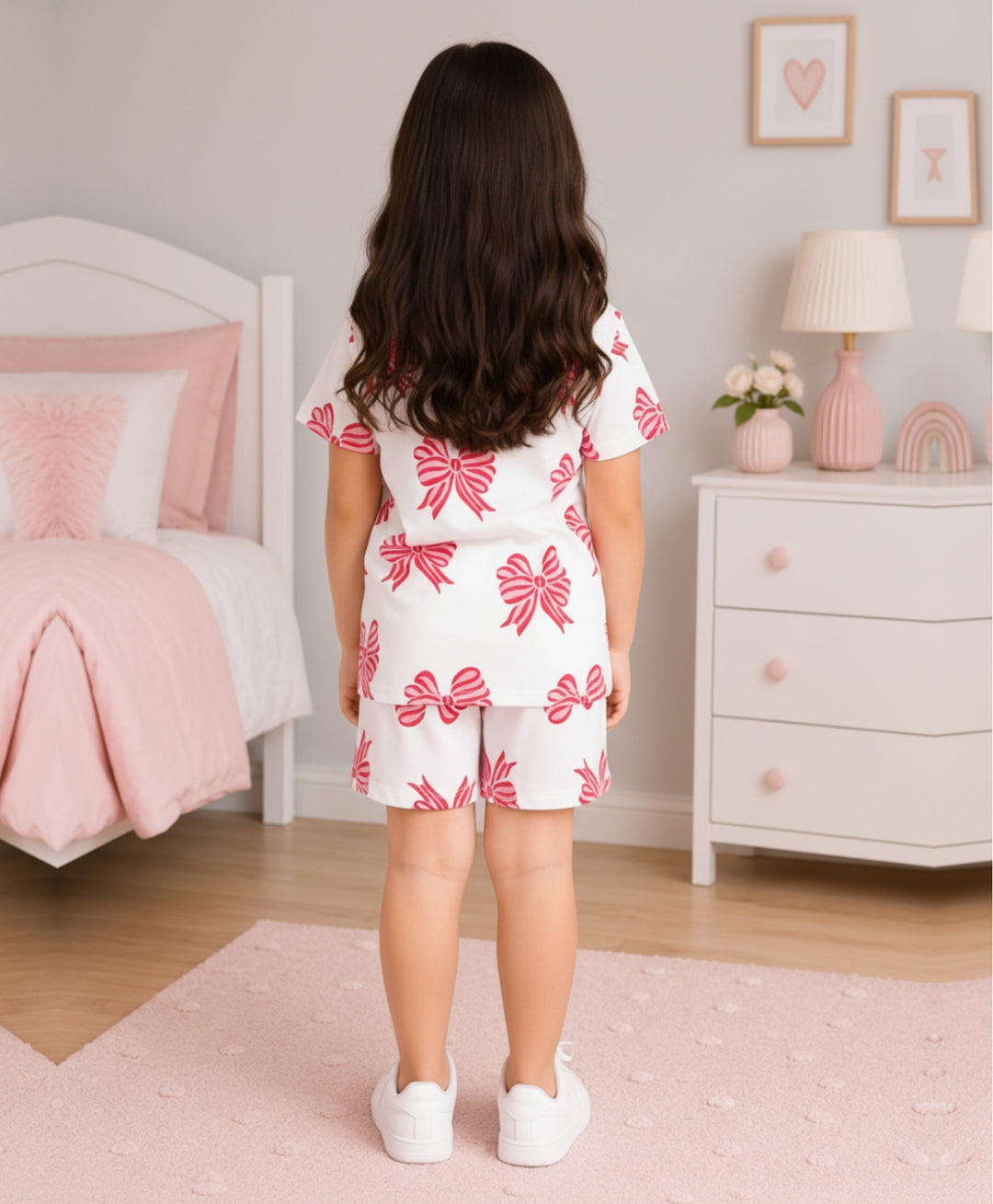 PINK RED BOW SHORTS SET - WHITE