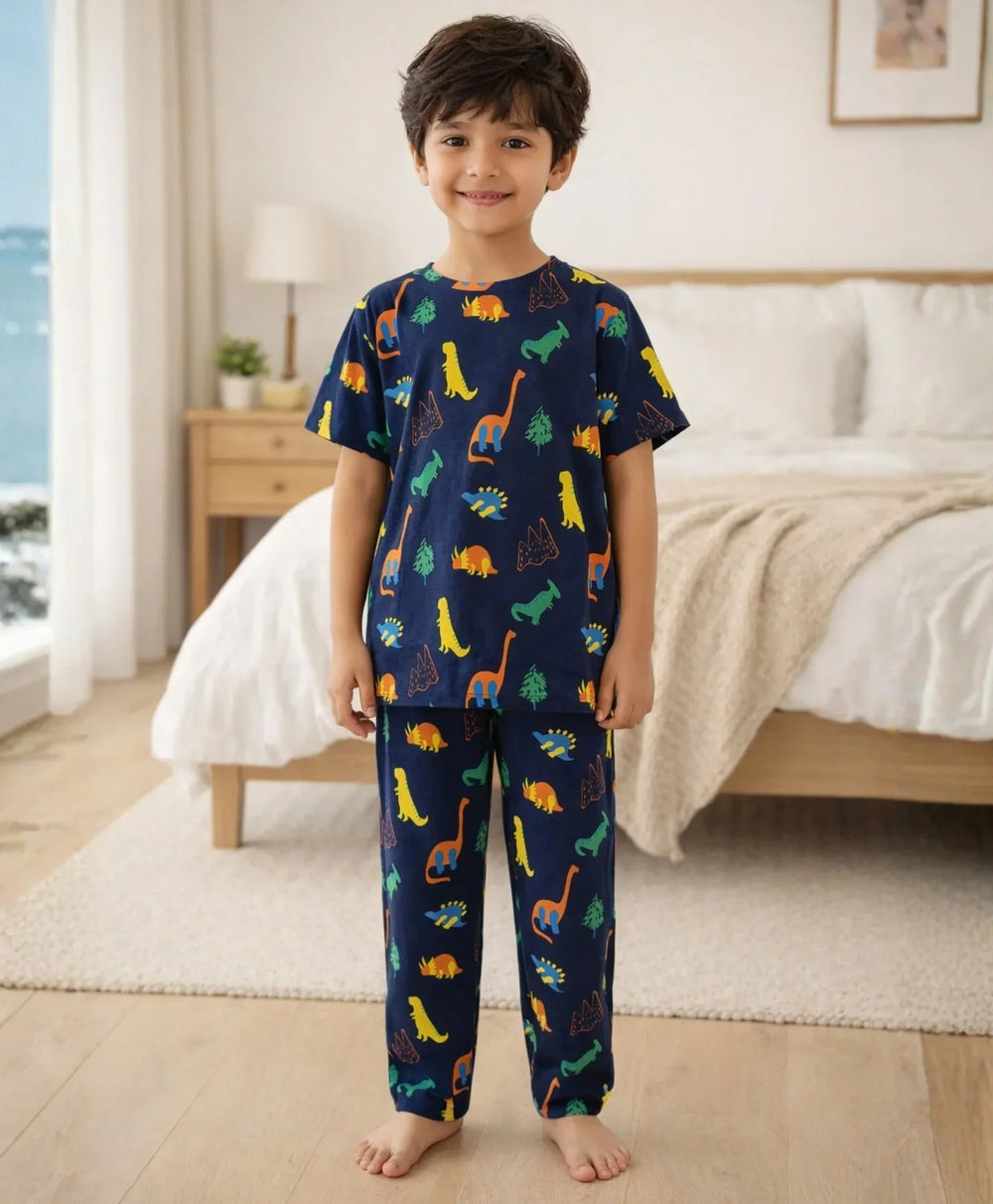 DINOSAUR FUN NAVY SHORT SLEEVE PYJAMA SET - NAVY - Anthrilo 