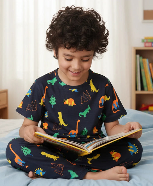 DINOSAUR FUN NAVY SHORT SLEEVE PYJAMA SET - NAVY