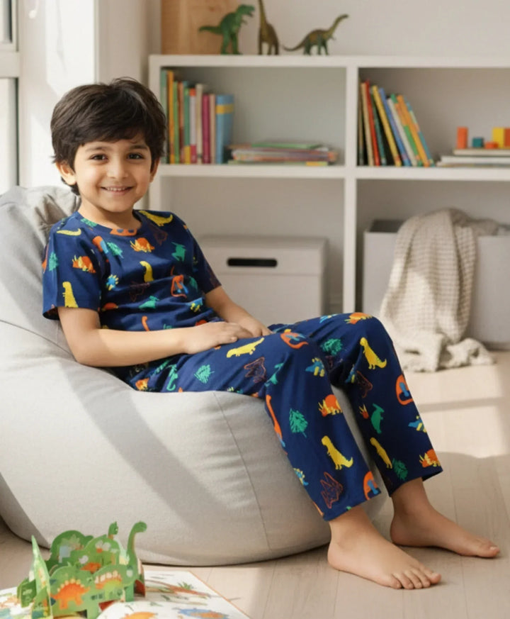 DINOSAUR FUN NAVY SHORT SLEEVE PYJAMA SET - NAVY - Anthrilo 