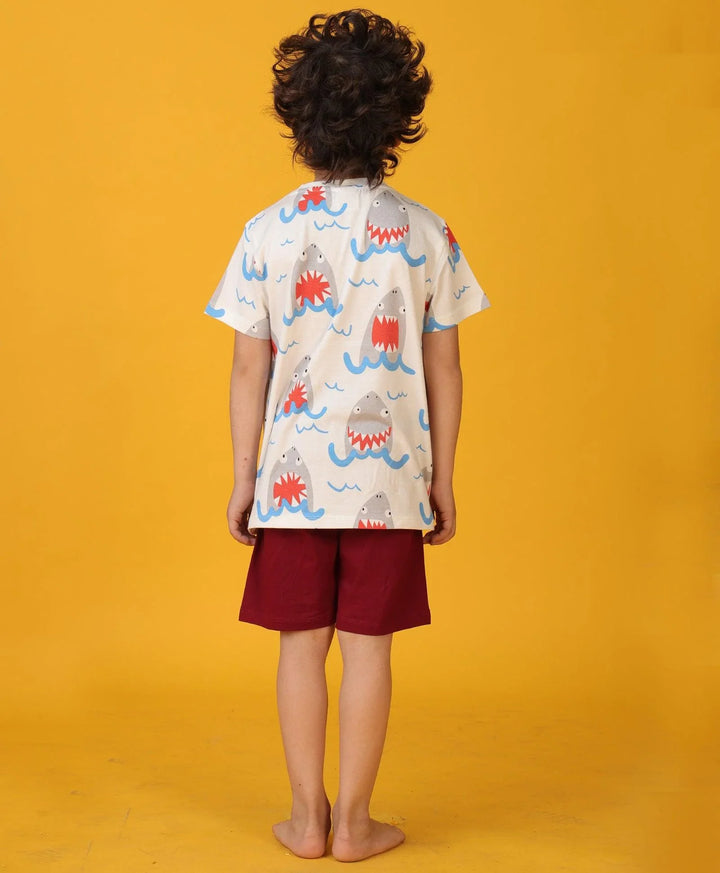 SHARK MEHROON SLEEPWEAR SHORT SET - WHITE/MEHROON - Anthrilo 