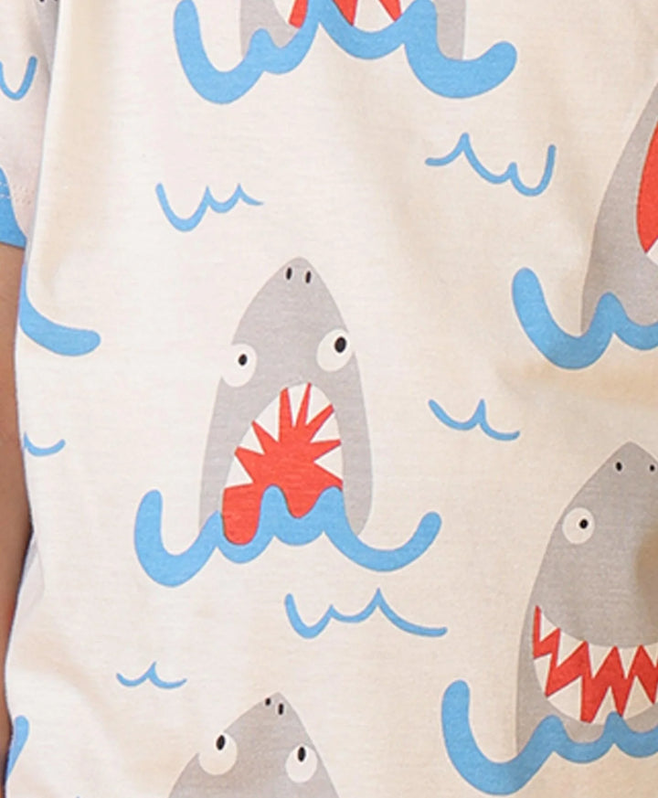 SHARK MEHROON SLEEPWEAR SHORT SET - WHITE/MEHROON - Anthrilo 