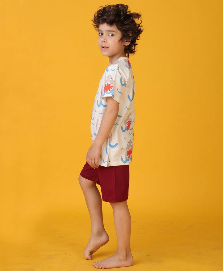 SHARK MEHROON SLEEPWEAR SHORT SET - WHITE/MEHROON - Anthrilo 