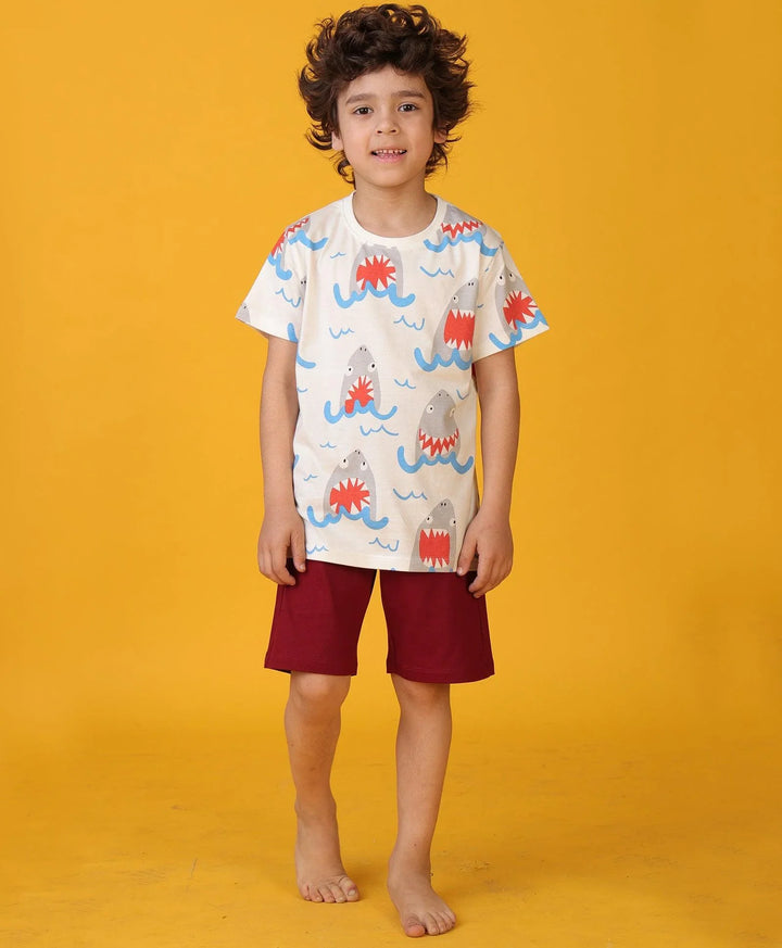 SHARK MEHROON SLEEPWEAR SHORT SET - WHITE/MEHROON - Anthrilo 
