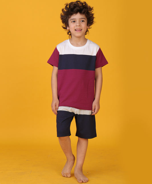 NAVY MEHROON GREY STRPIED CONTRAST SLEEPWEAR SHORTS SET - MULTI