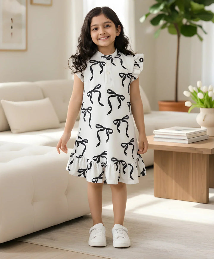 BLACK BOW FRILL SUMMER DRESS - OFF WHITE - Anthrilo 