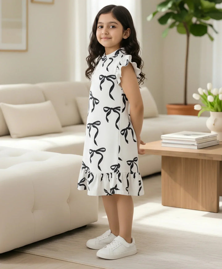 BLACK BOW FRILL SUMMER DRESS - OFF WHITE - Anthrilo 