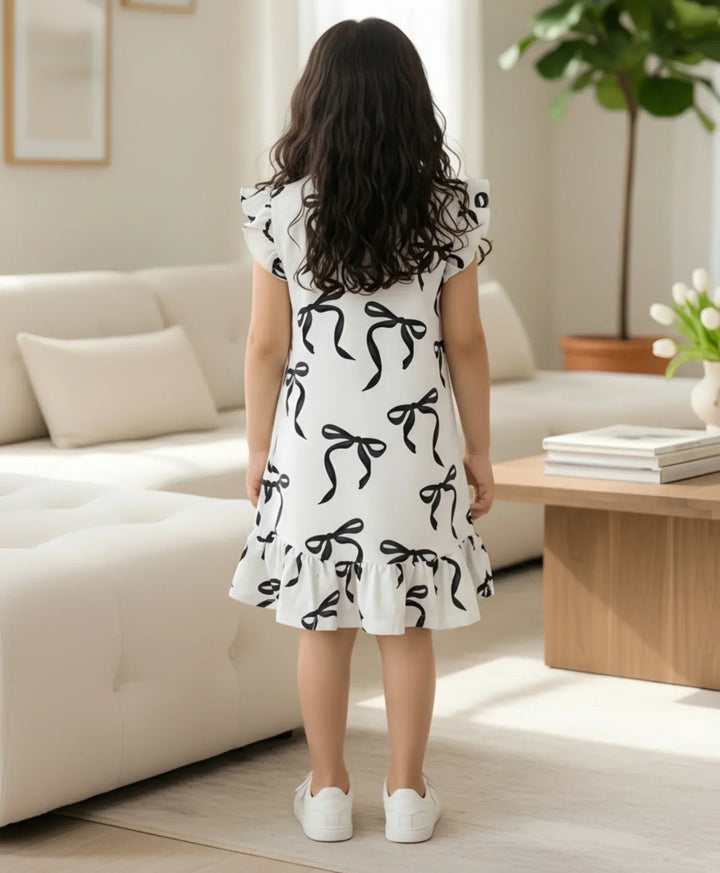 BLACK BOW FRILL SUMMER DRESS - OFF WHITE - Anthrilo 