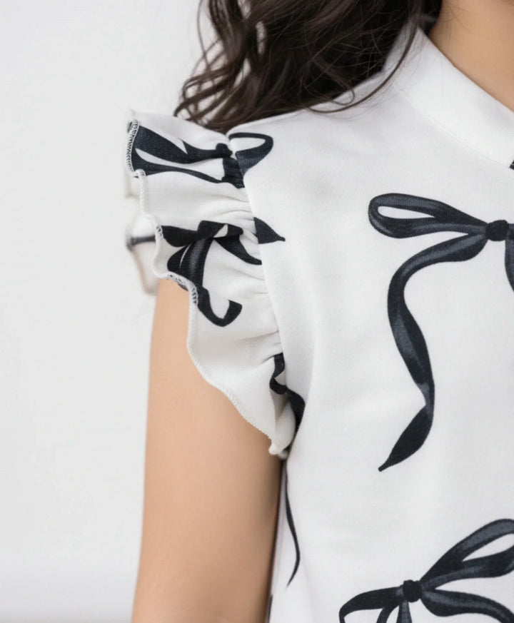 BLACK BOW FRILL SUMMER DRESS - OFF WHITE - Anthrilo 