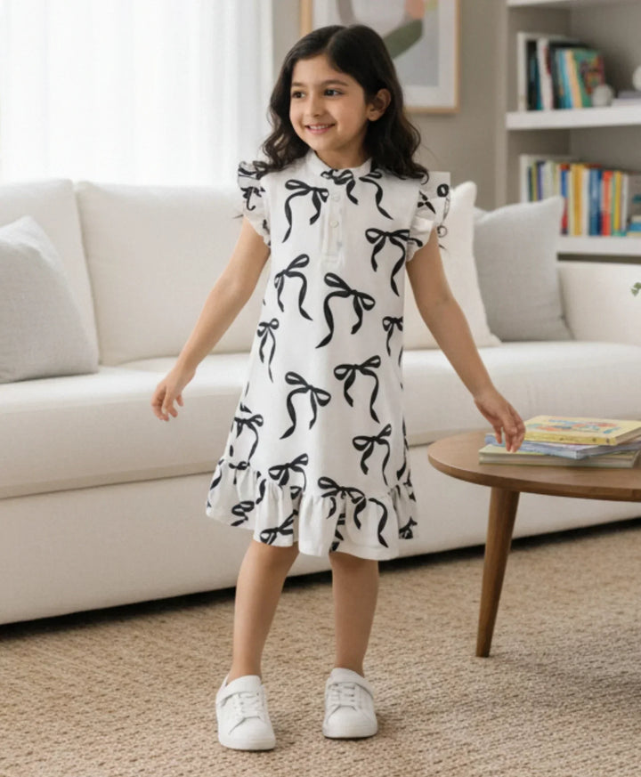 BLACK BOW FRILL SUMMER DRESS - OFF WHITE - Anthrilo 
