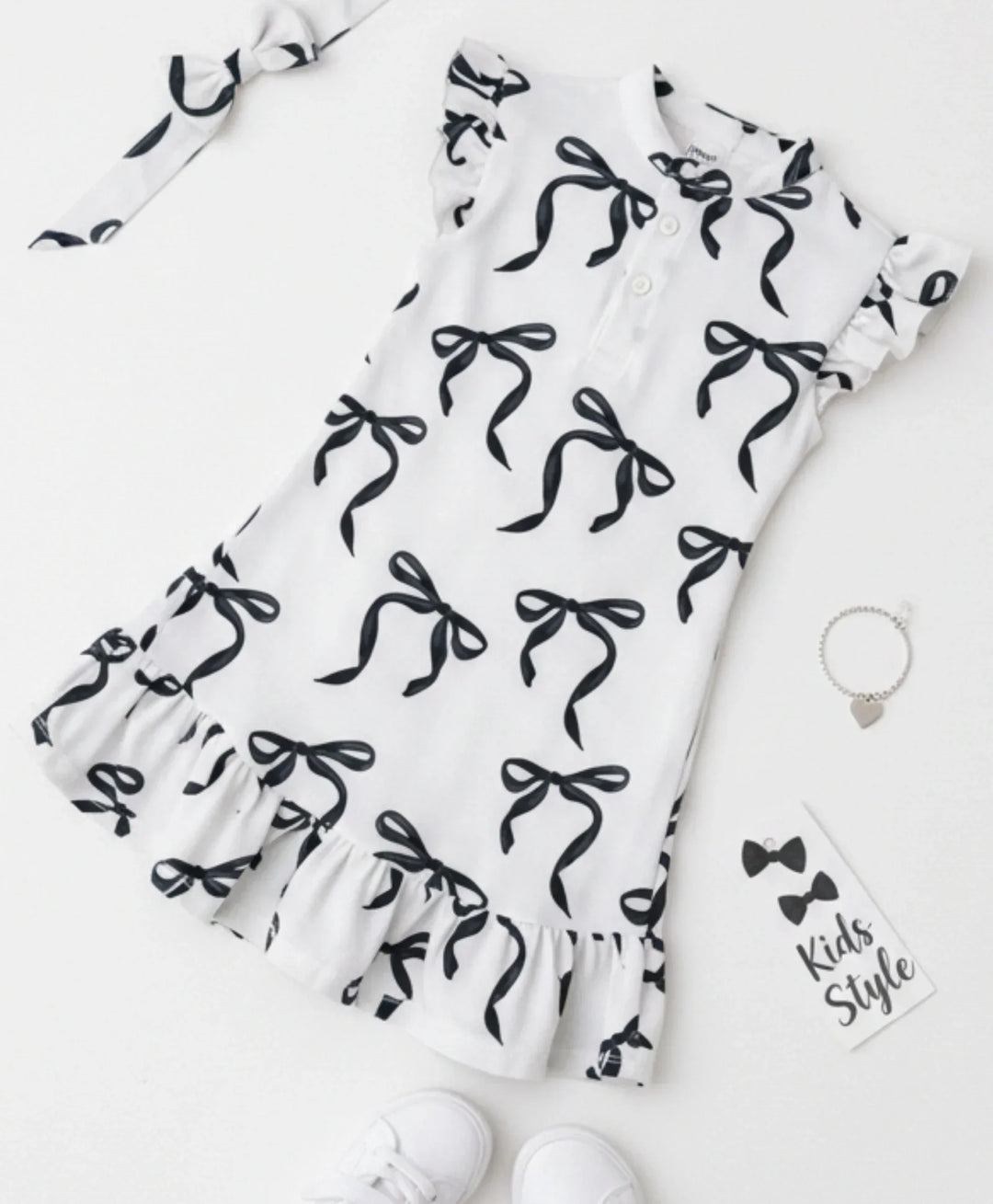 BLACK BOW FRILL SUMMER DRESS - OFF WHITE - Anthrilo 