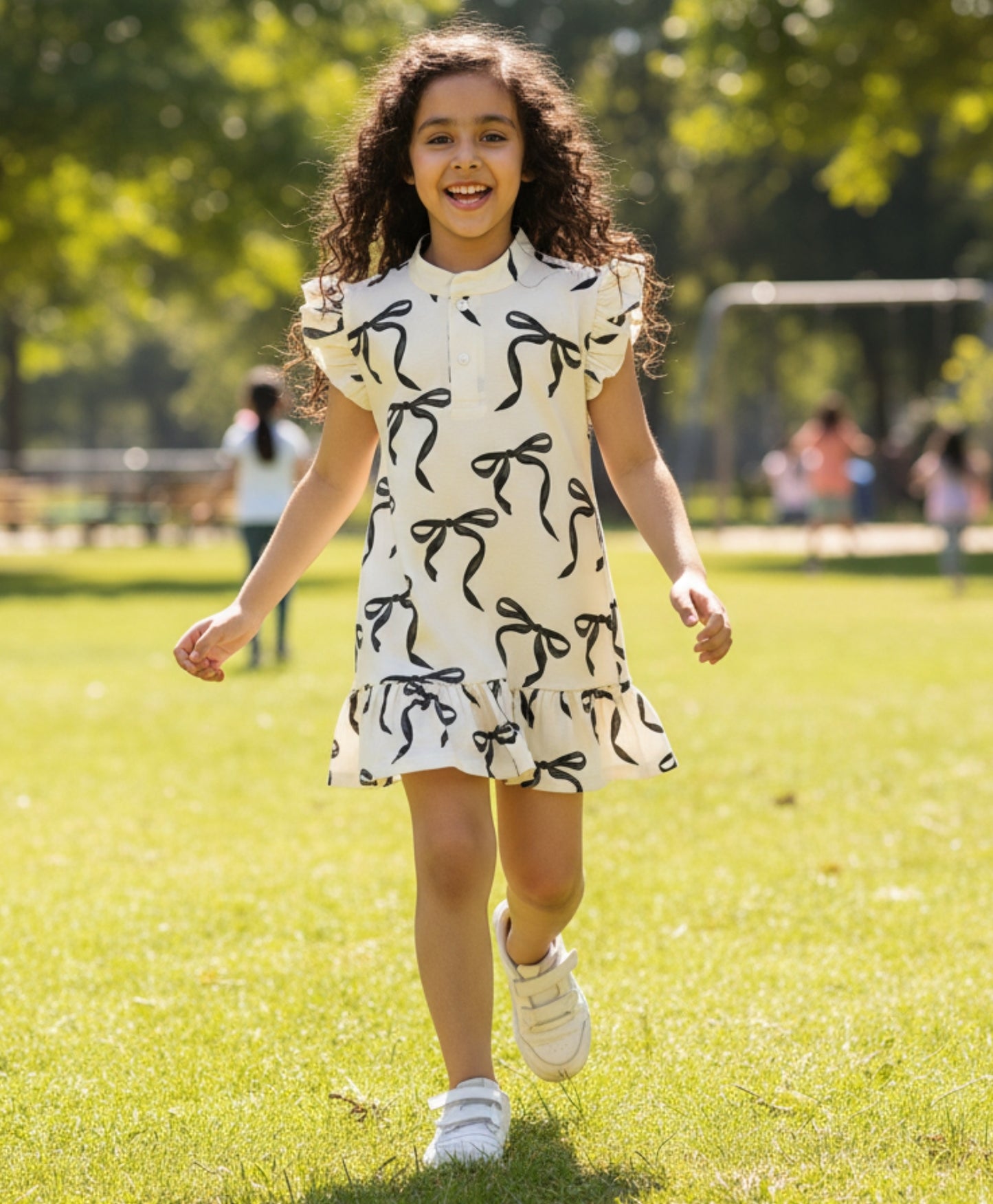 BLACK BOW FRILL SUMMER DRESS - OFF WHITE