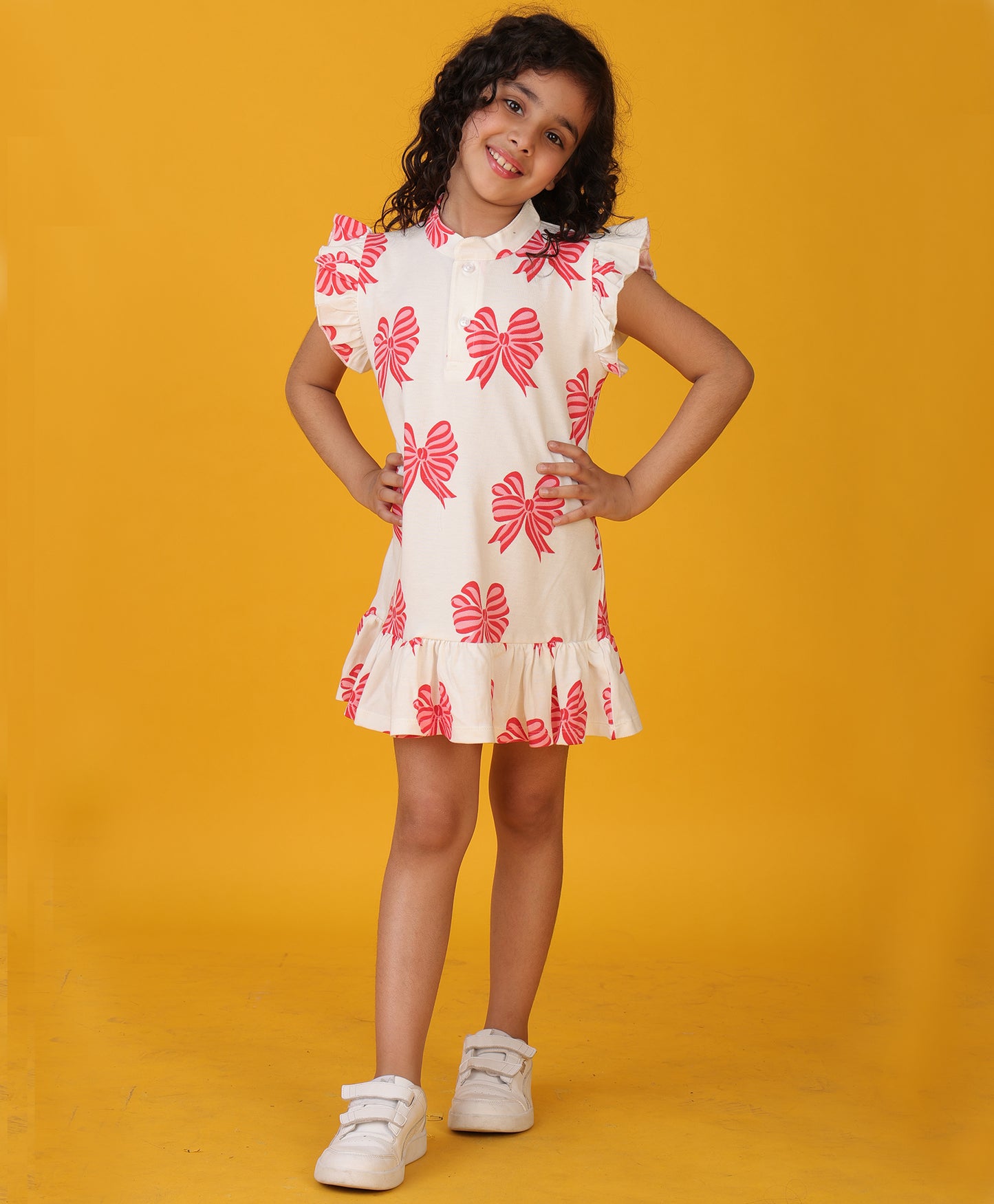 BOW PINK FRILL SUMMER DRESS - OFF WHITE