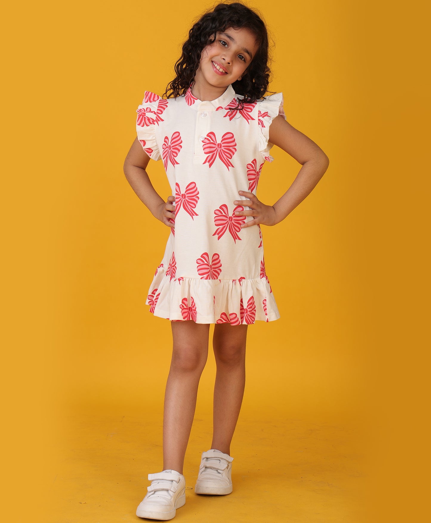 BOW PINK FRILL SUMMER DRESS - OFF WHITE