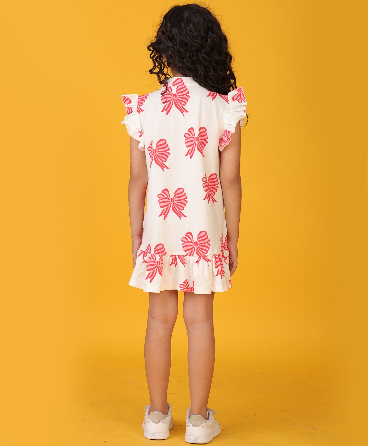 BOW PINK FRILL SUMMER DRESS - OFF WHITE