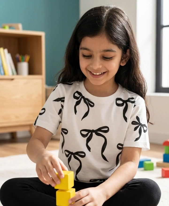Black Bow Short Sleeves Summer T-Shirt - White