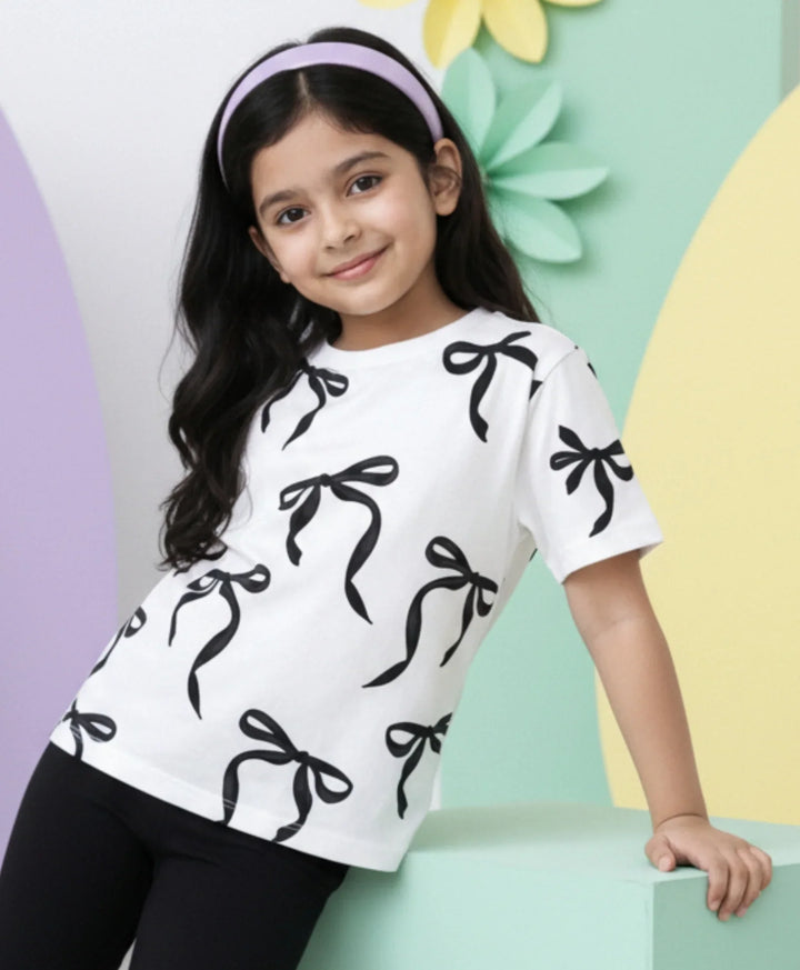 Black Bow Short Sleeves Summer T-Shirt - White