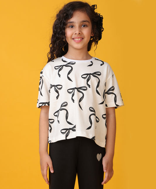 BLACK BOW SHORT SLEEVES SUMMER T-SHIRT - WHITE