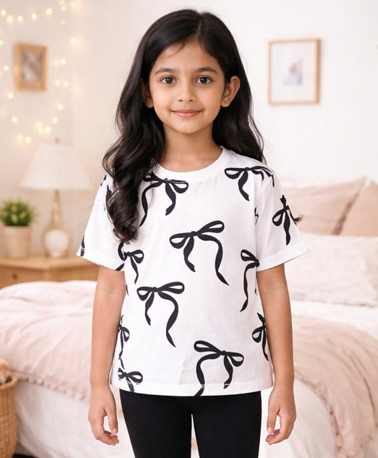 BLACK BOW SHORT SLEEVES SUMMER T-SHIRT - WHITE