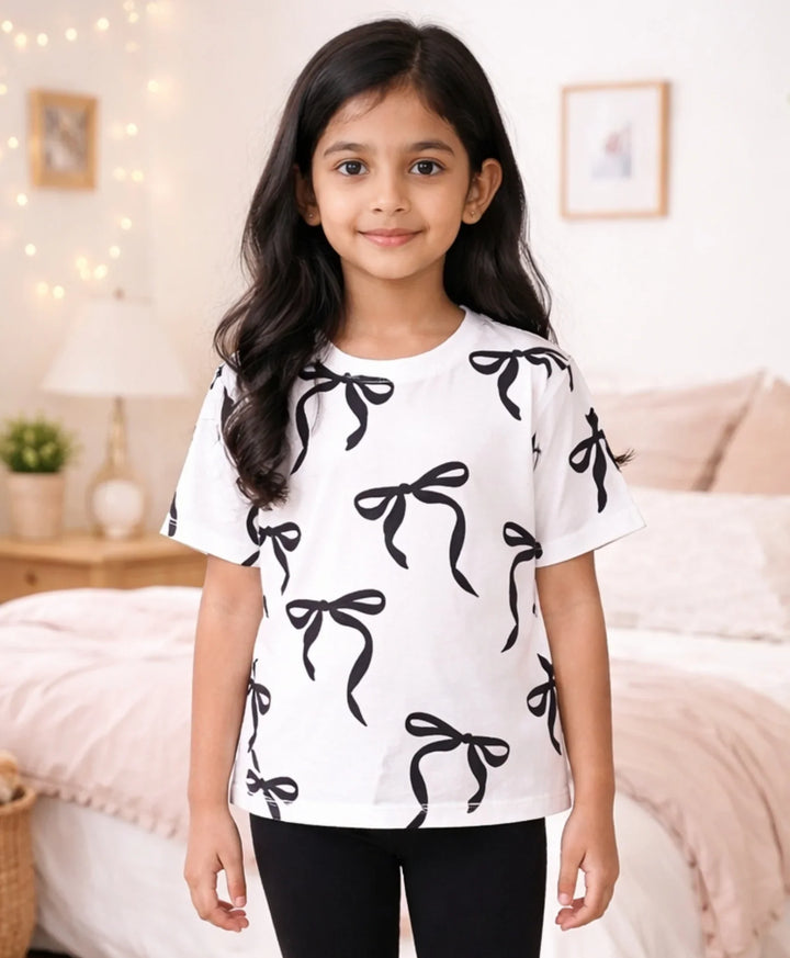 Black Bow Short Sleeves Summer T-Shirt - White