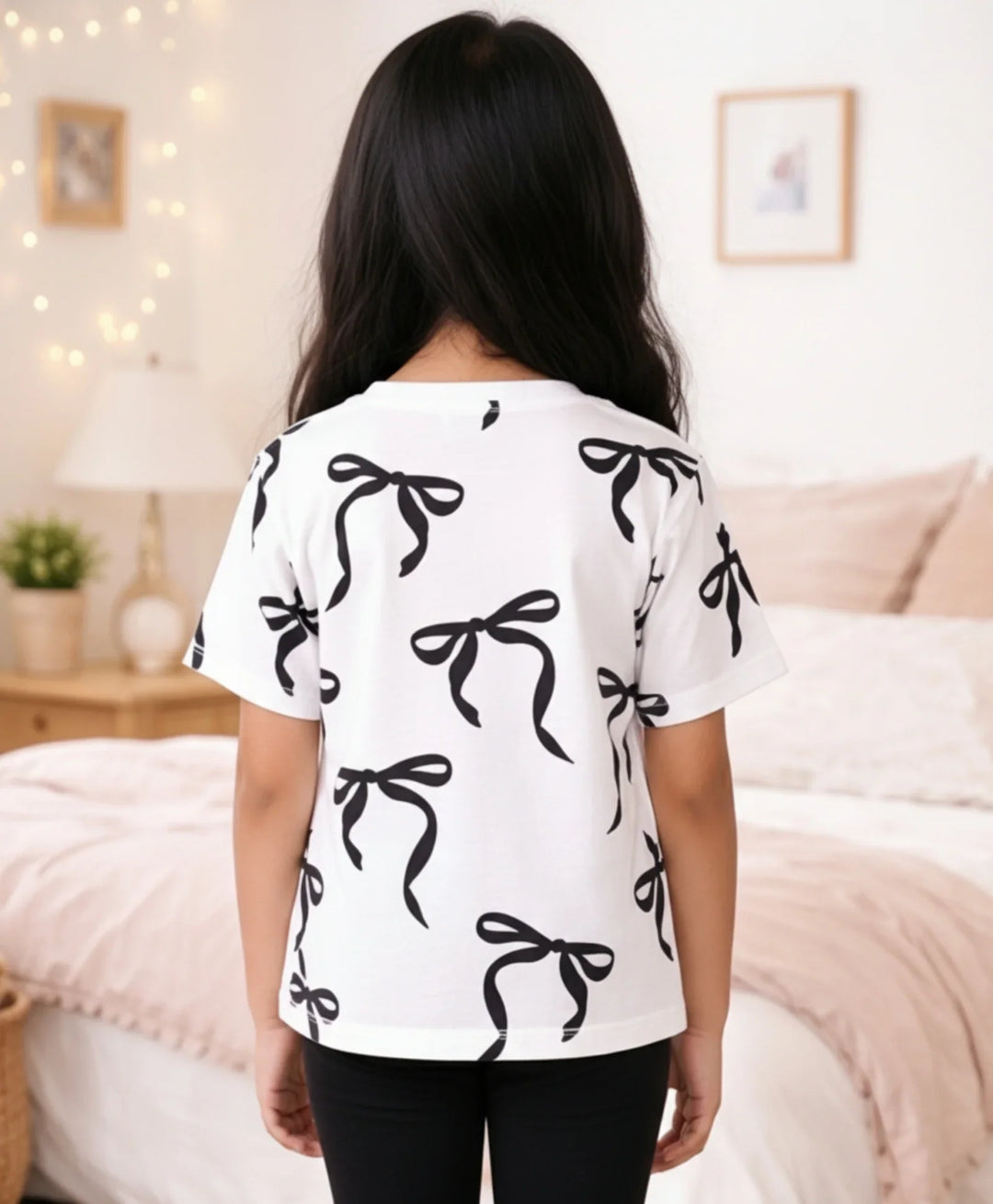 Black Bow Short Sleeves Summer T-Shirt - White