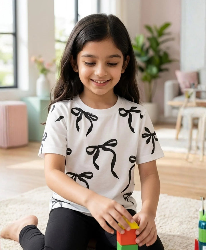 Black Bow Short Sleeves Summer T-Shirt - White