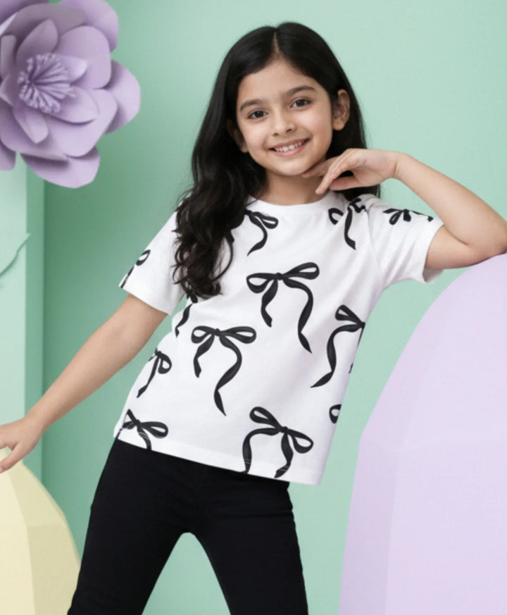 Black Bow Short Sleeves Summer T-Shirt - White