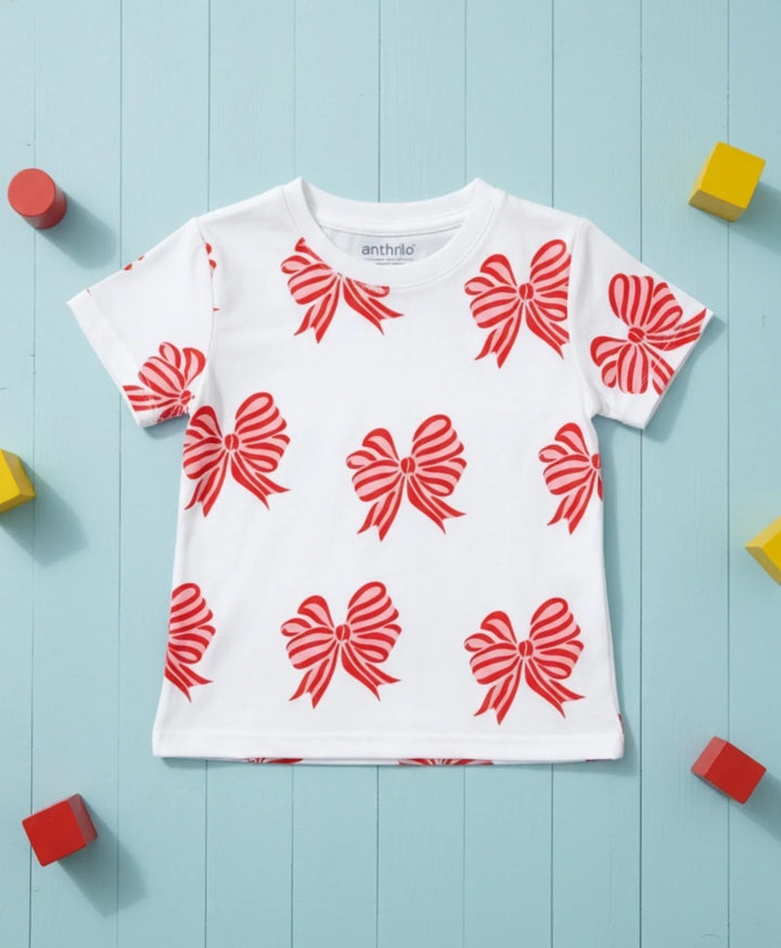 Pink Bow Short Sleeves Summer T-Shirt - White