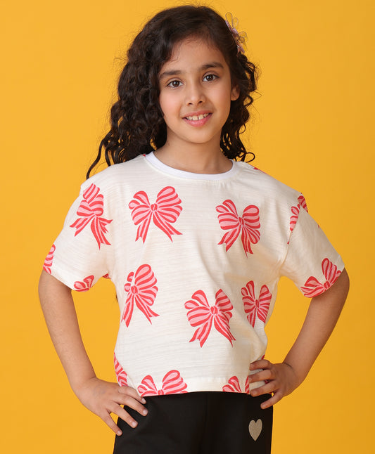 PINK BOW SHORT SLEEVES SUMMER T-SHIRT - WHITE