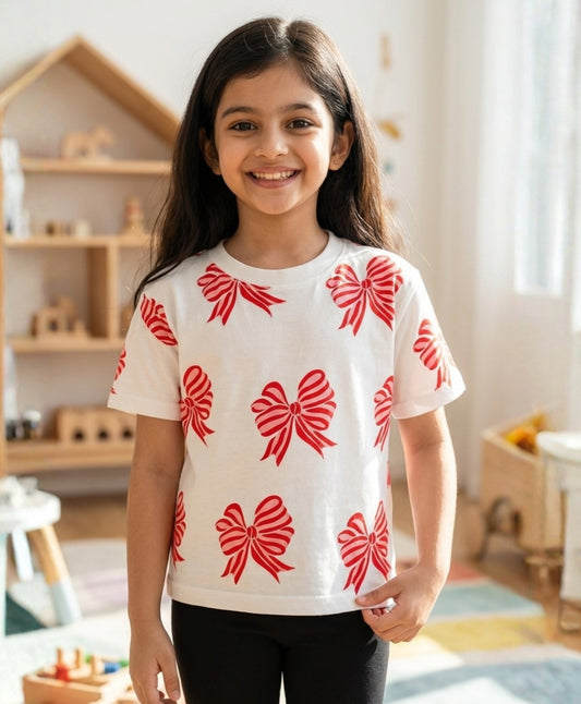 PINK BOW SHORT SLEEVES SUMMER T-SHIRT - WHITE