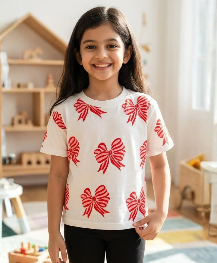Pink Bow Short Sleeves Summer T-Shirt - White