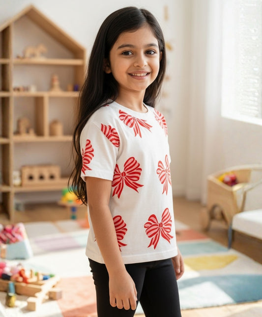 PINK BOW SHORT SLEEVES SUMMER T-SHIRT - WHITE