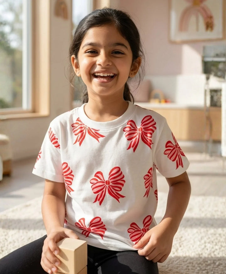 Pink Bow Short Sleeves Summer T-Shirt - White