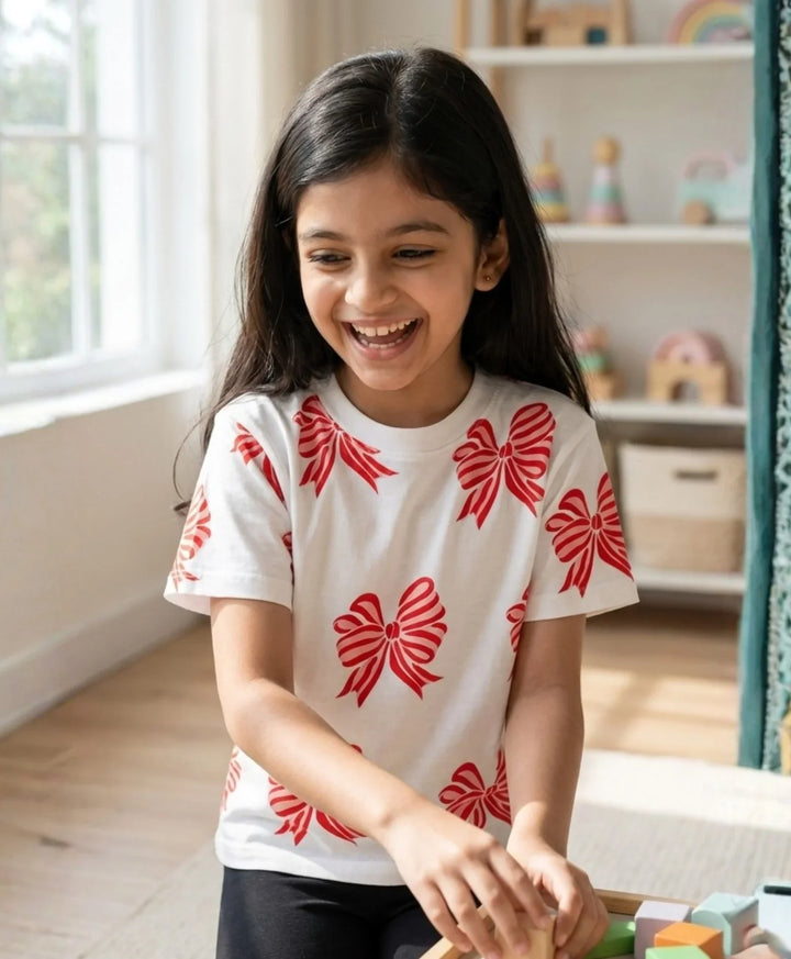 Pink Bow Short Sleeves Summer T-Shirt - White