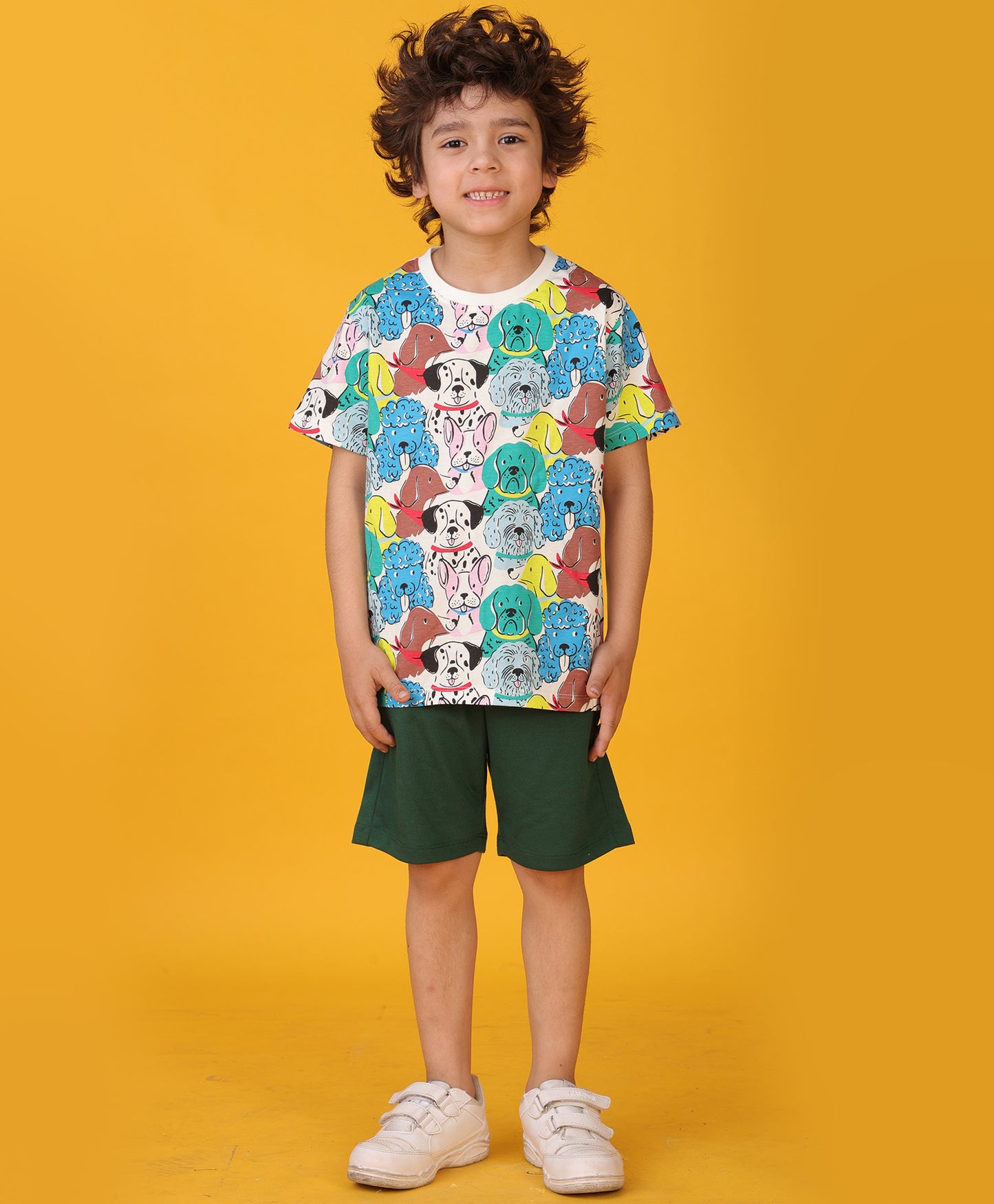DOGS GREEN SUMMER BOYS SHORTS SET - WHITE /GREEN