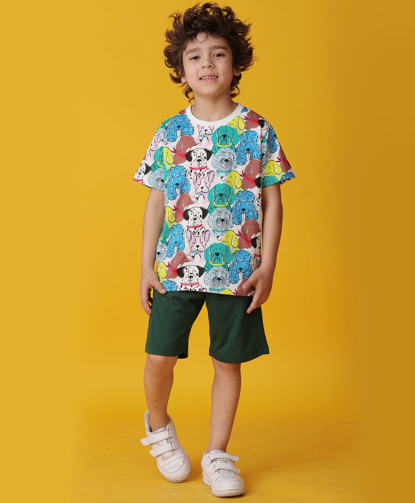 DOGS GREEN SUMMER BOYS SHORTS SET - WHITE /GREEN