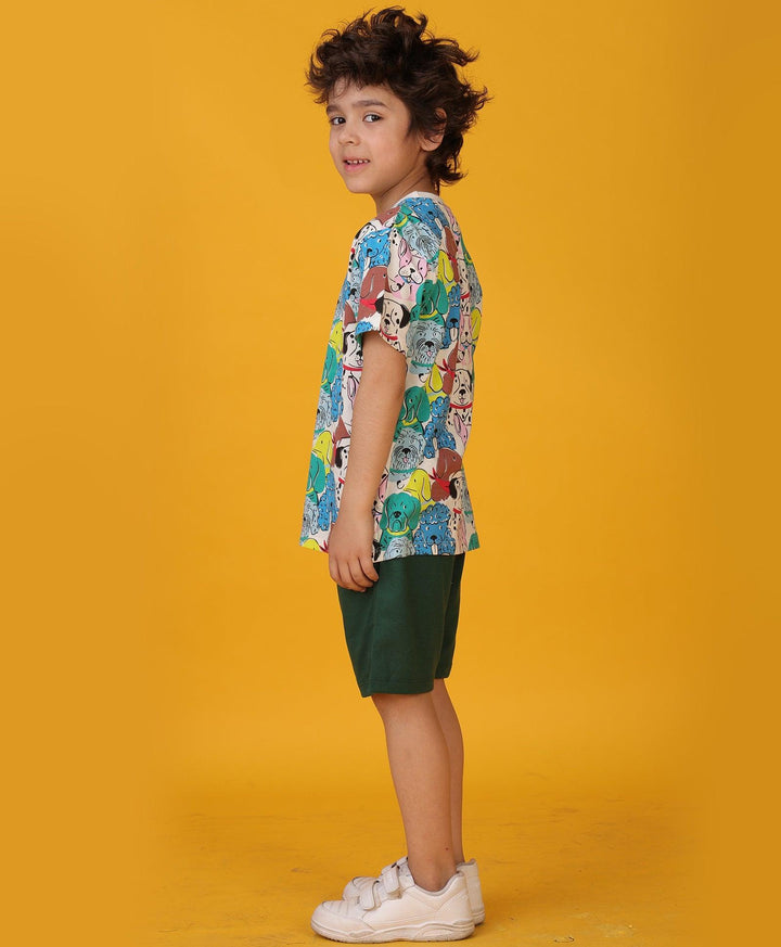 DOGS GREEN SUMMER BOYS SHORTS SET - WHITE /GREEN - Anthrilo 