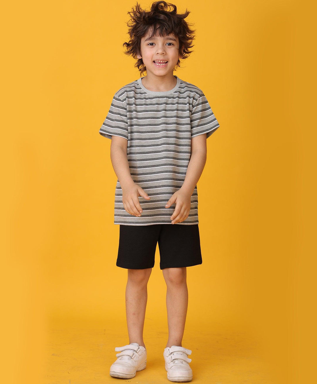 GREY MELANGE STRIPED BLACK SHORTS SET - GREY/BLACK - Anthrilo 