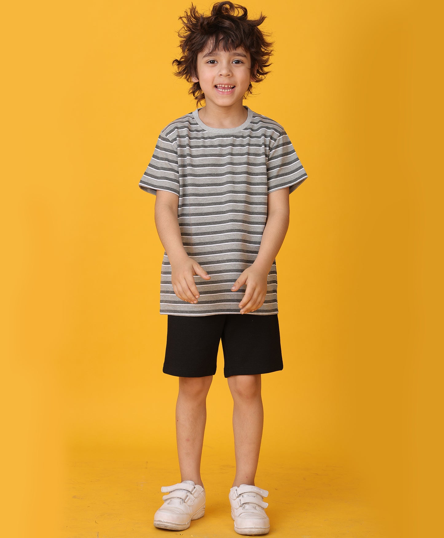 GREY MELANGE STRIPED BLACK SHORTS SET - GREY/BLACK