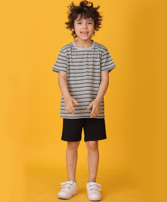 GREY MELANGE STRIPED BLACK SHORTS SET - GREY/BLACK