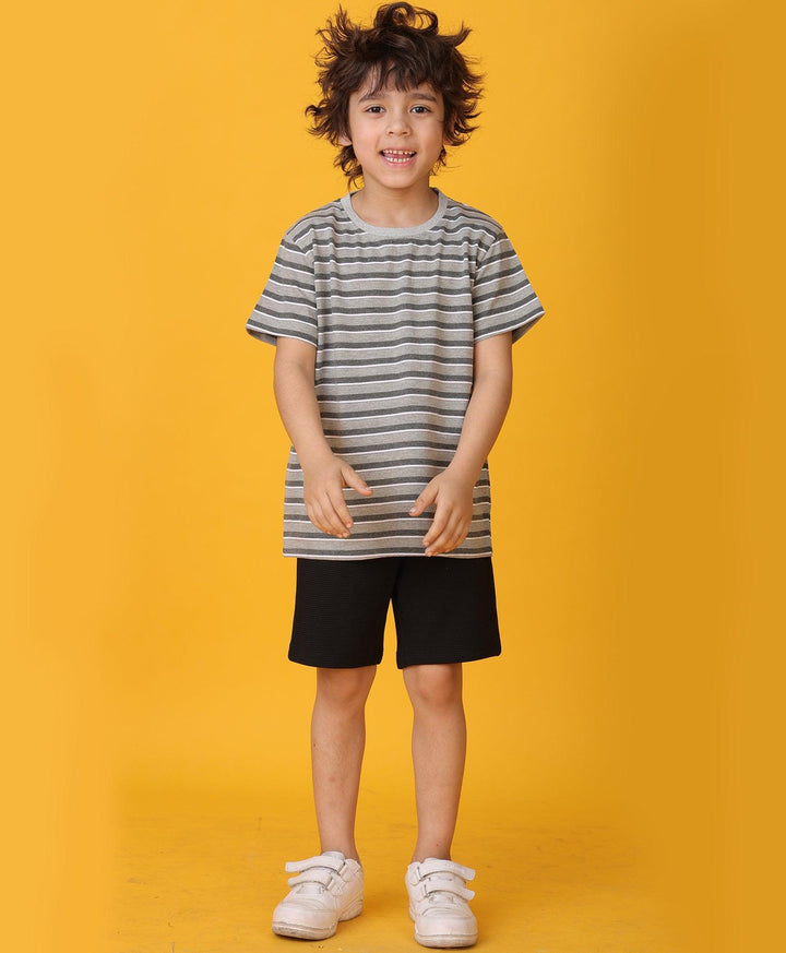 GREY MELANGE STRIPED BLACK SHORTS SET - GREY/BLACK - Anthrilo 